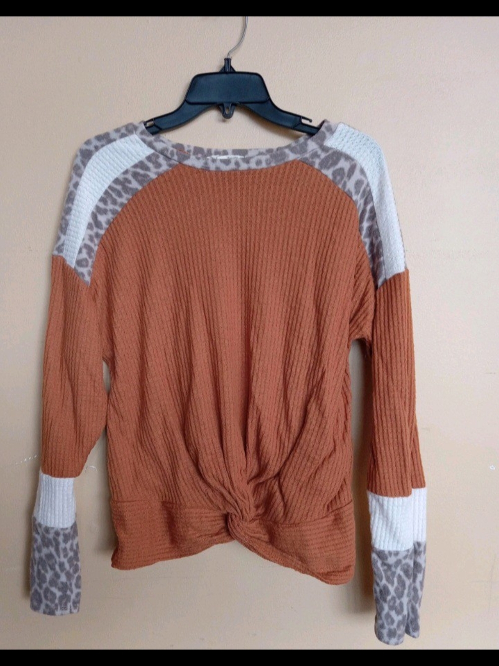 Rust Twist-Front Crew Sweater with Leopard Accents